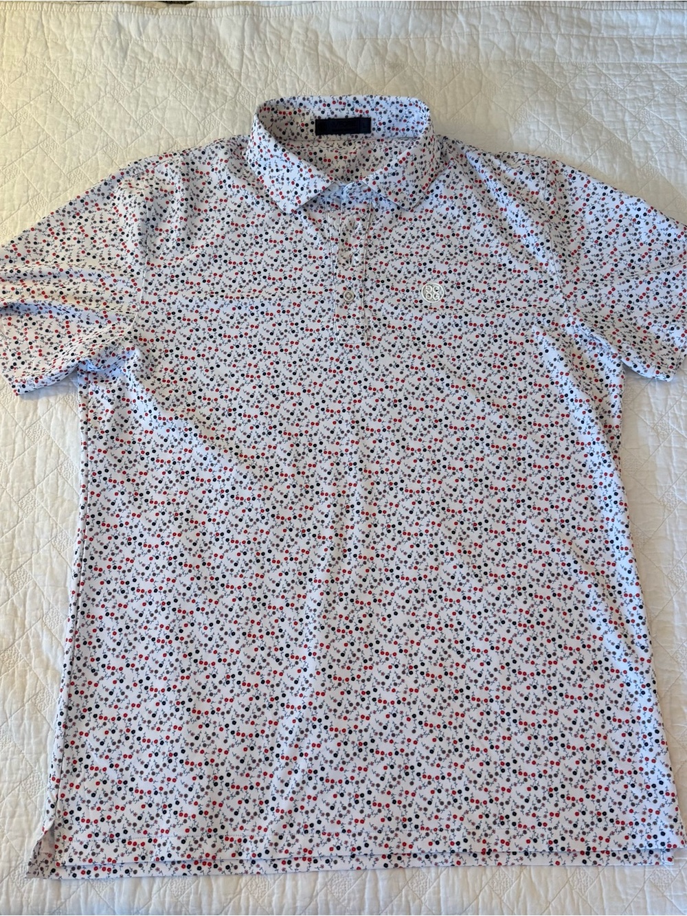 G/FORE White Polo with Red & Navy Micro Floral Print